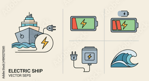 Electric Ship Vector Icons Set with Battery Charger and Wave Symbols.
