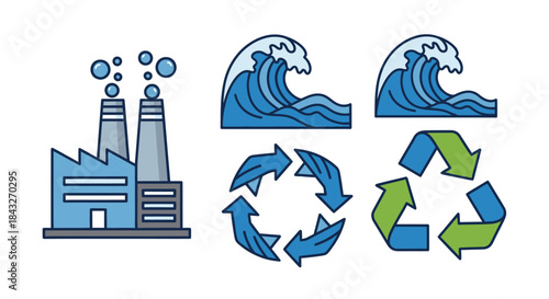 Environmental Icons: Factory Waves and Recycling Symbols in a Flat Design.