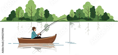 A man fishing in a small boat by a calm lake nature illustration on transparent background
