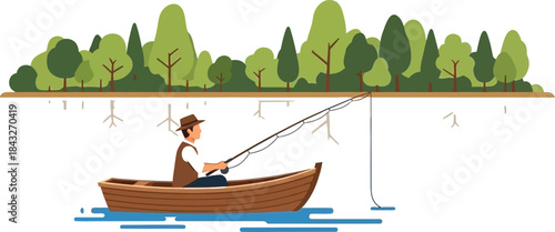 A lone fisherman in a boat enjoying a peaceful day by the water on transparent background