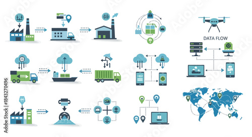 Modern technology and logistics infographic icon set showing supply chain data flow and IoT concepts.