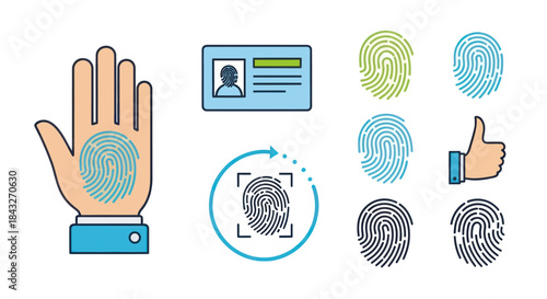 Biometric identity verification icon set with fingerprint scanner ID card and handprint.
