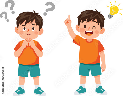Cartoon boy thinking confused and having bright idea, problem solving concept with question marks and light bulb in colorful vector illustration.