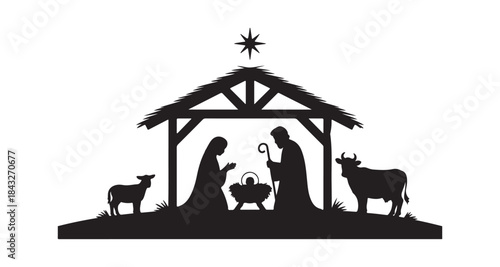 Classic black silhouette of the Christian nativity scene under a star with a lamb and cow