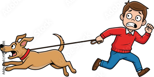 Cartoon man being pulled by excited dog on leash, funny pet walking problem situation, humorous animal behavior vector illustration isolated on white.