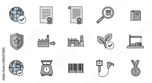 Collection of Vector Icons Representing Business Industry and Quality Assurance.