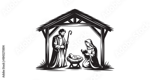 Detailed black outline illustration of the nativity scene with Joseph Mary and baby Jesus