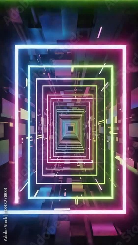 A vibrant, colorful neon rectangular tunnel extending into the infinite digital distance.