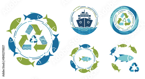 Circular icons with fish and recycling symbols ship illustration.