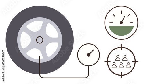 Tire connected to pressure gauge, speedometer, and target audience icon. Ideal for safety, efficiency, automotive care, transport, maintenance energy saving monitoring. Simple flat metaphor