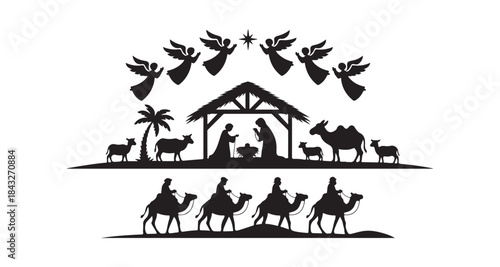 Expansive black silhouette nativity scene featuring angels wise men and animals