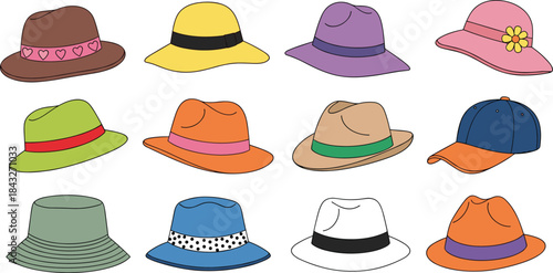 Colorful hat collection featuring fedora, sun hat, bucket hat, and cap styles, fashion accessory illustration set isolated on white background.
