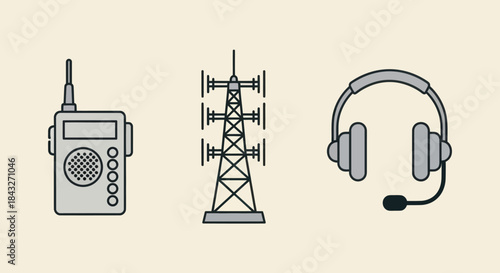 Radio Communication Technology Icons: Walkie-Talkie Tower and Headset.