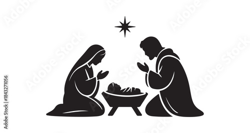 Simple black silhouette of Mary and Joseph kneeling and praying before baby Jesus
