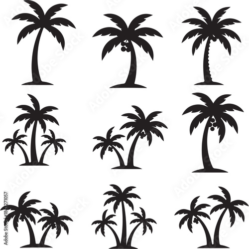 Collection of silhouette palm trees in various styles and groupings