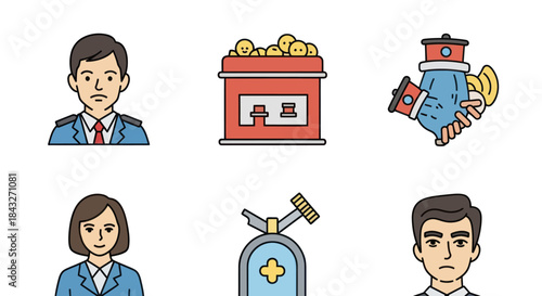 Colorful vector icons: diverse set of business people financial transactions and industrial tools.
