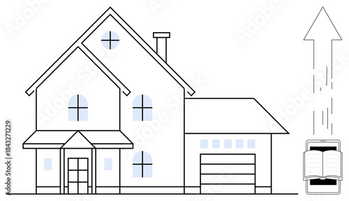 Smart home, eLearning, technology integration, online education, modern living, connectivity. A house with a book and smartphone linked by an upward arrow. Smart home and eLearning concept