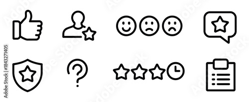 Feedback and Rating Outline Icon Set – Customer Review, Star Rating, Like and Dislike Symbols