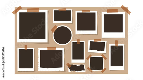 Collection of Vintage Photo Frames with Tapes on a Brown Background, Flat Design