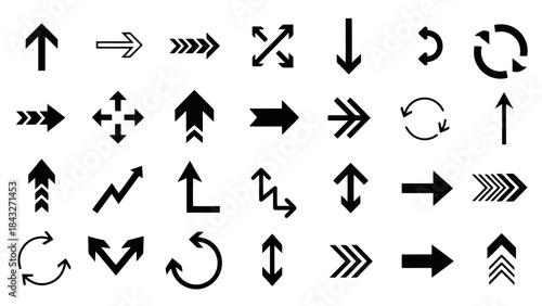 Collection of Diverse Arrow Icons and Symbols in Black and White Vector Design