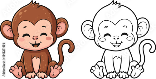 Cute cartoon monkey illustration with colored and outline versions, smiling animal character for kids coloring, education, and playful wildlife design projects.
