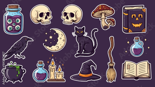 Halloween Themed Illustrations: Spooky Icons for Festive Decorations and Designs