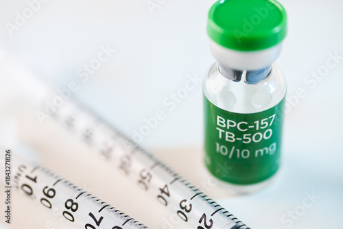 Close up of Vial with Lyophilized Peptide Blend of BPC-157 and TB-500 for Healing and Reduced Inflammation, Enhanced Tissue Repair