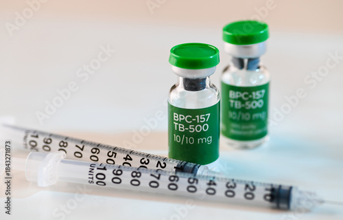 Close up of Vial with Lyophilized Peptide Blend of BPC-157 and TB-500 for Healing and Reduced Inflammation, Enhanced Tissue Repair