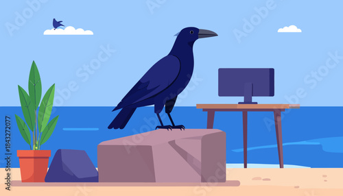 A black bird sits on a rock by the sea next to a desk with a computer, with simple shapes and flat colors