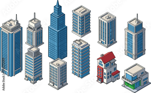 Isometric city buildings collection featuring modern skyscrapers, residential apartments, and urban architecture elements in detailed vector illustration style for design and planning projects.