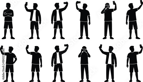 Male silhouette people using smartphone camera, taking selfies and photos, standing poses collection isolated on white background vector illustration