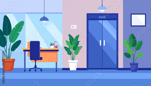 A bright office interior with a desk, plants, and an elevator, rendered in a flat, cartoonish style