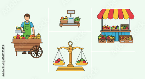 Farmers market illustration set with a male greengrocer a produce cart a market stand and a balance scale.