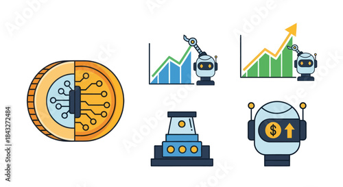 Digital Coin and Robotic Automation Icons for Finance and Technology.