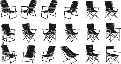 Collection of camping and folding chair silhouettes in various designs and angles, ideal for outdoor equipment illustrations, furniture graphics, product guides, and vector artwork.
