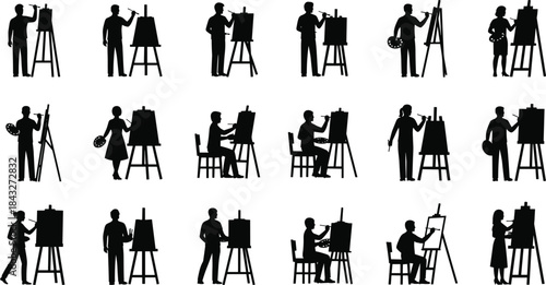 Collection of artist silhouettes painting at easels in various creative poses, perfect for art education illustrations, studio graphics, instructional materials, and vector design projects.