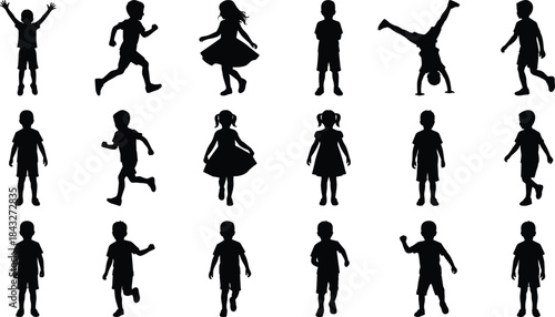 Collection of children silhouette illustrations showing various playful poses, running, dancing, and standing, perfect for youth designs, activity graphics, and vector artwork.