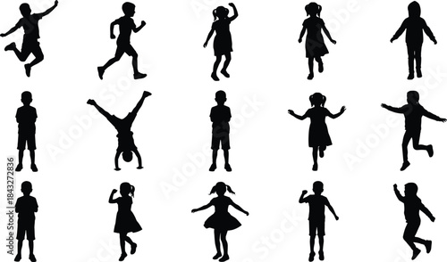 Collection of children silhouettes featuring playful poses, running, dancing, jumping, and standing, ideal for youth illustrations, activity graphics, educational designs, and vector artwork.