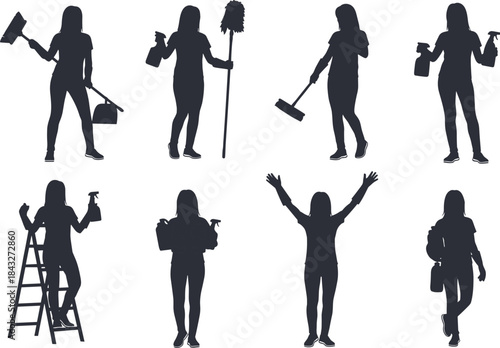 Collection of cleaning worker silhouettes holding various tools and supplies, perfect for housekeeping illustrations, janitorial graphics, home service concepts, and vector design projects.