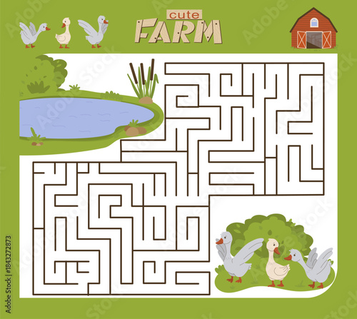 Cute farm vector illustration featuring a maze where three cartoon geese navigate from a pond to a bush. This engaging activity page is designed to entertain and educate children.