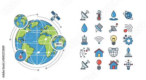 Colorful flat line icon set illustrating global technology communication and IoT concepts.