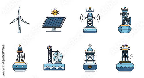 Colorful Vector Illustrations of Various Navigation Buoys and Towers.