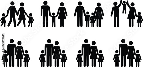 Collection of family icon silhouettes showing parents and children in various poses, perfect for community themes, lifestyle graphics, infographics, and vector design projects.