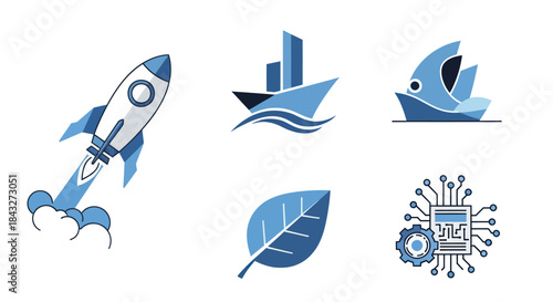 Collection of blue vector icons representing technology nature and transportation.