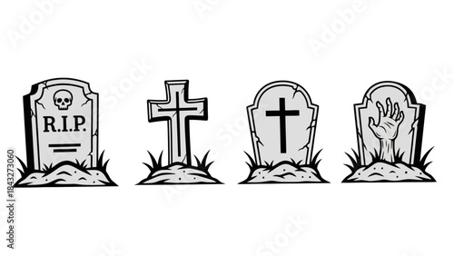 A collection of four spooky gravestones, including one with a zombie hand emerging from the ground.