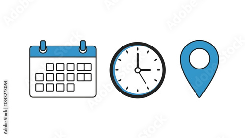 Image featuring calendar, clock, and location pin icons, representing time and place.