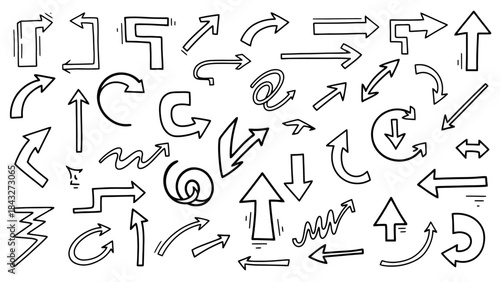Collection of hand-drawn arrow doodles in various shapes and directions, isolated on white.
