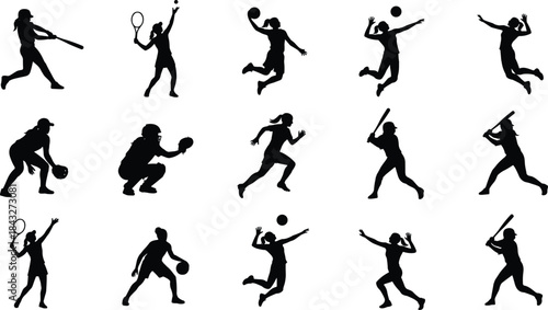 Collection of female athlete silhouettes performing various sports actions, including tennis, baseball, basketball, and volleyball, ideal for fitness illustrations and dynamic vector designs.