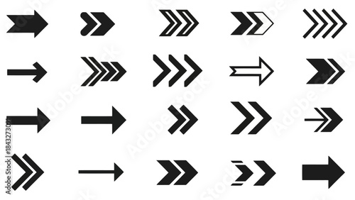 Collection of various arrow designs pointing to the right, in black and white.