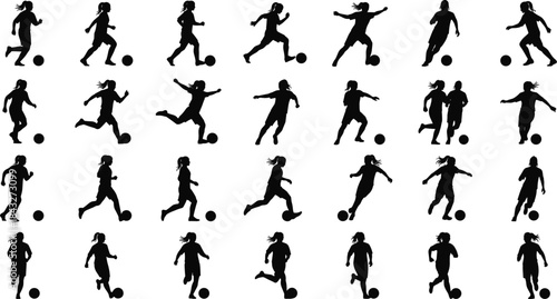 Collection of female soccer player silhouettes in dynamic action poses, dribbling, running, and kicking, perfect for sports illustrations, athletic graphics, training designs, and vector artwork.